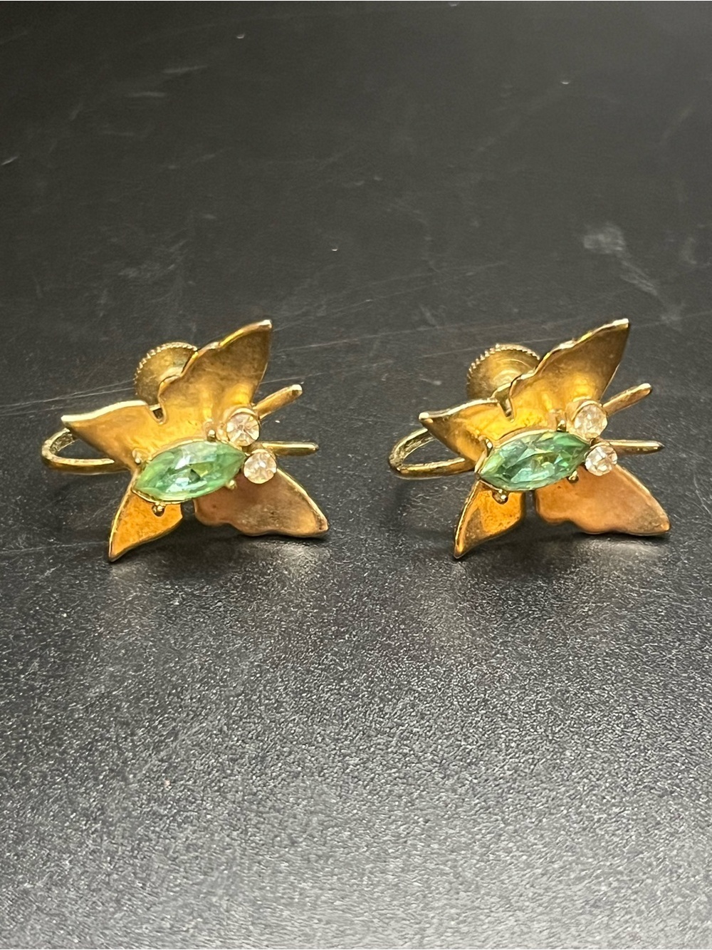 Vintage Coro Butterfly Screw Back Earrings Green Rhinestones